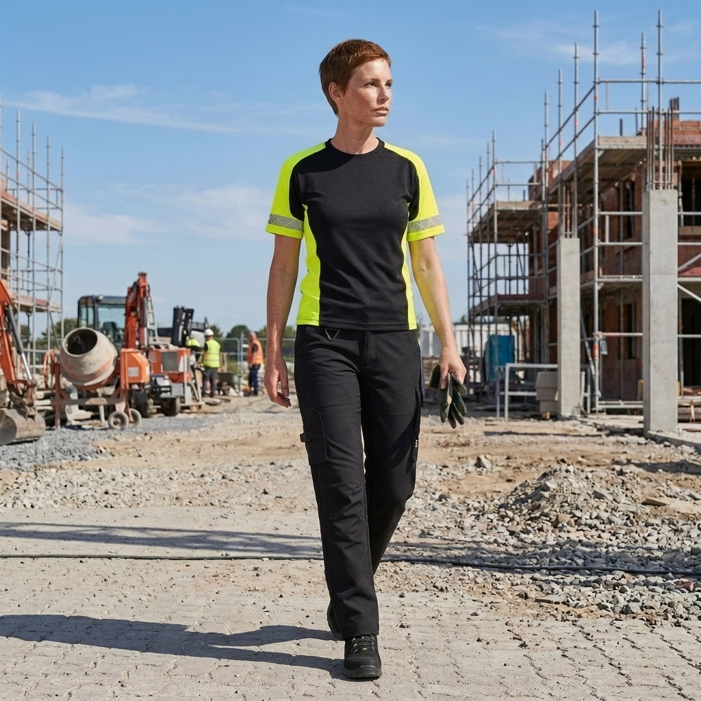Vrouwelijke bouwvakker in reflective kleding op een bouwplaats