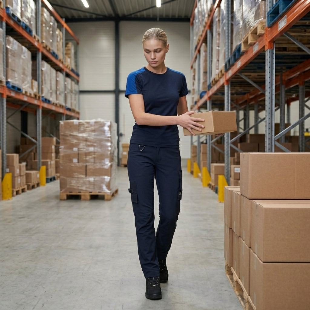 Vrouw met blauwe werkkleding in het magazijn