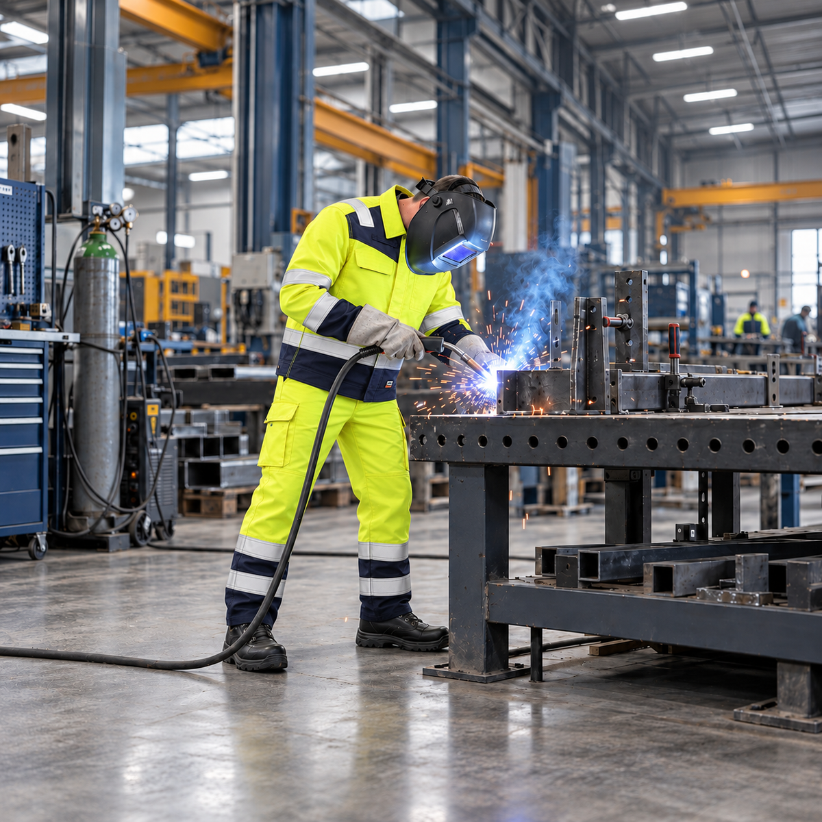Lasser in fluorescerend gele en donkerblauwe Tricorp Multinorm werkjas en werkbroek voert laswerkzaamheden uit in een industriële metaalwerkplaats.