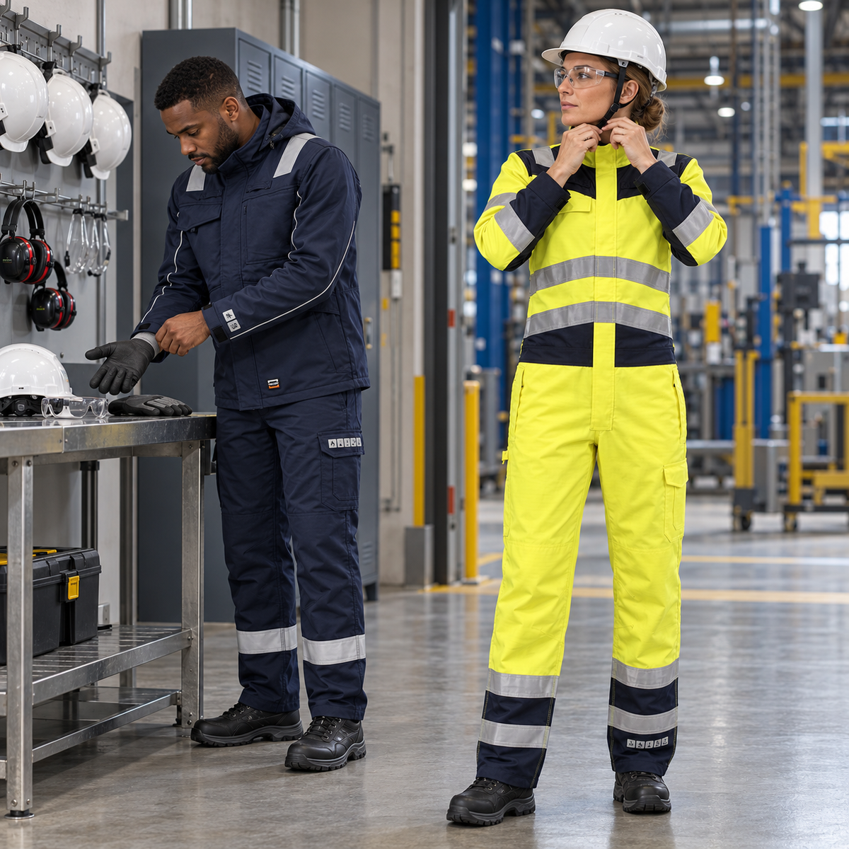 Twee medewerkers in Tricorp Multinorm werkkleding controleren hun persoonlijke beschermingsmiddelen, waaronder een veiligheidshelm en werkhandschoenen, voordat ze aan het werk gaan.
