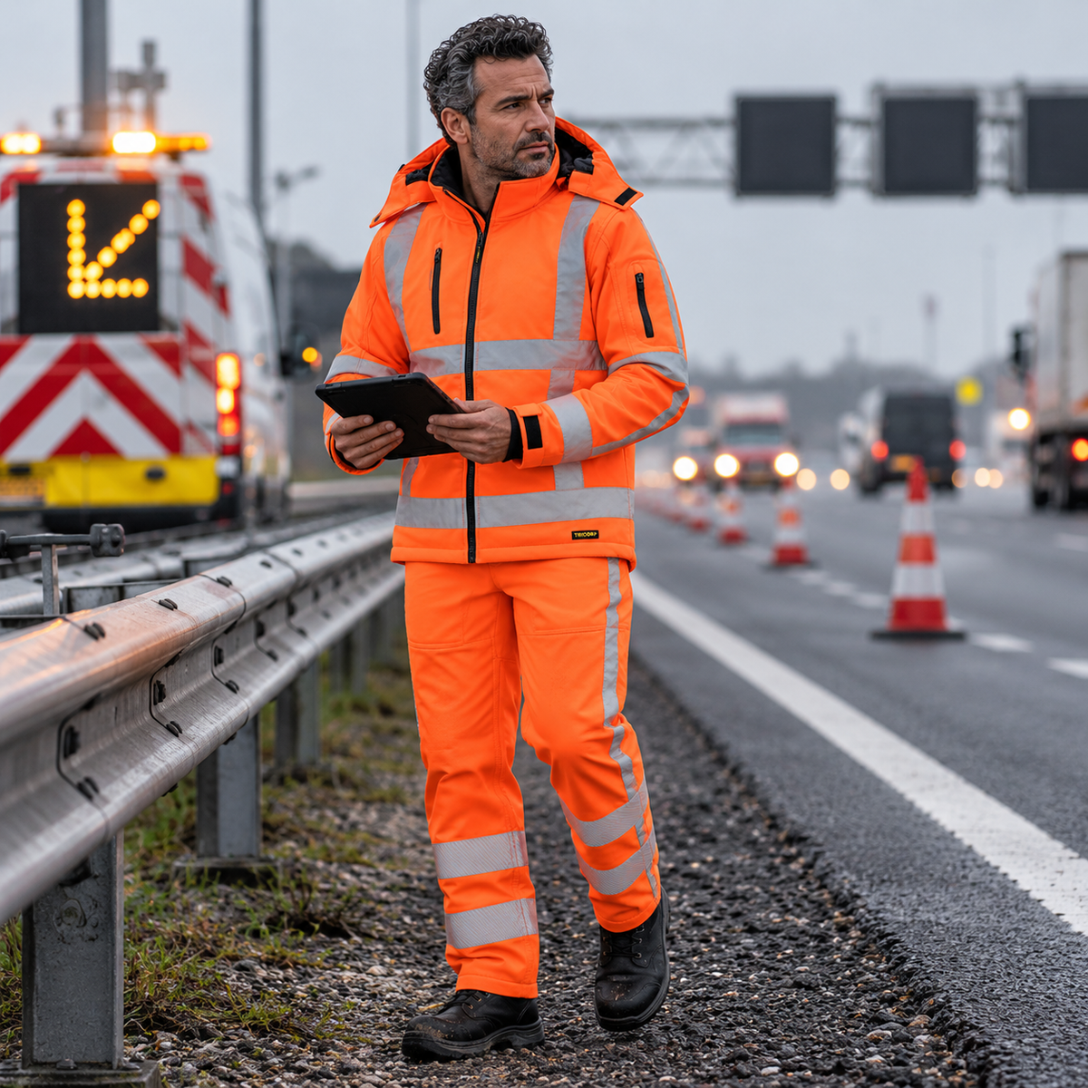 Wegwerker in fluorescerend oranje Tricorp RWS-werkkleding inspecteert met een tablet de infrastructuur langs een tijdelijk afgesloten rijstrook op een Nederlandse snelweg.