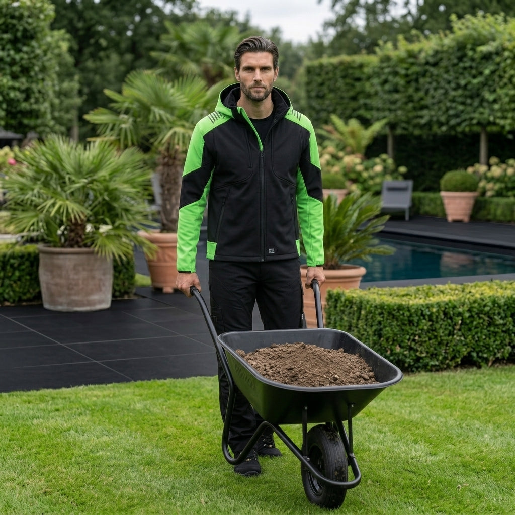 Hovenier in luxe tuin met werkkleding