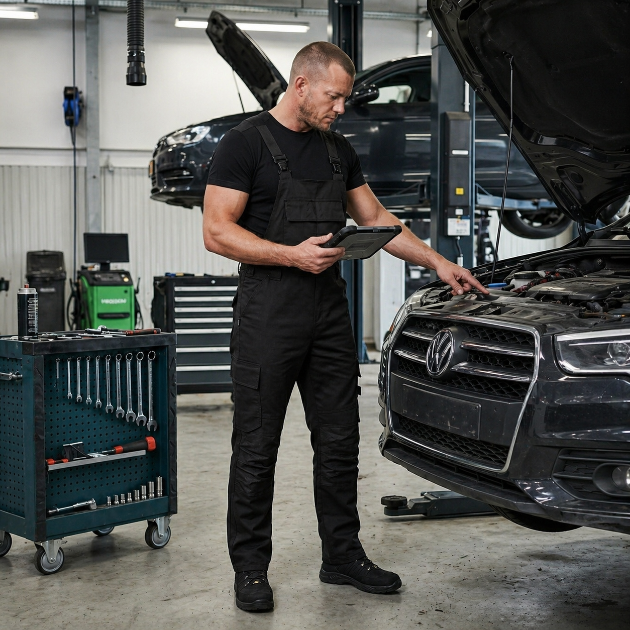 Automonteur in garage aan het werk in een overall