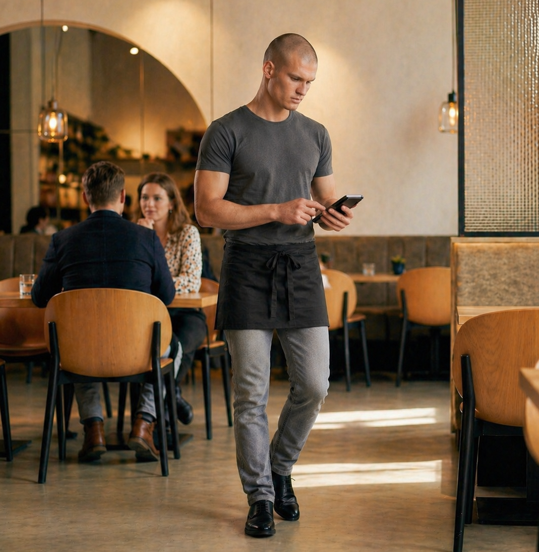Man die werkt in horeca met werkkleding aan