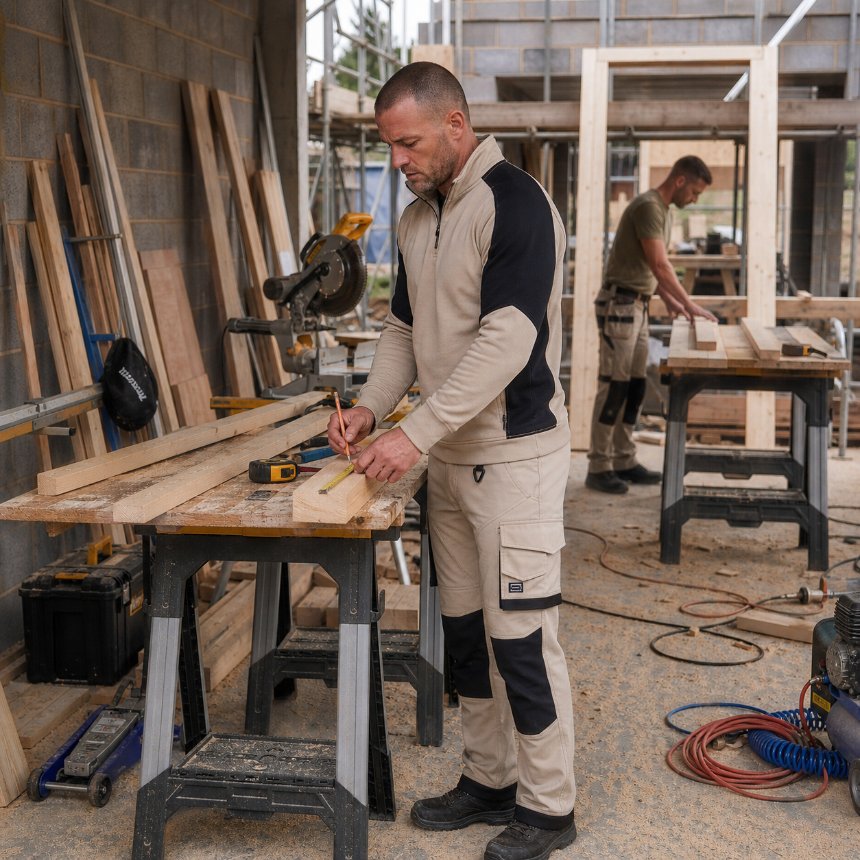Timmerman is zandkleurige werkkleding