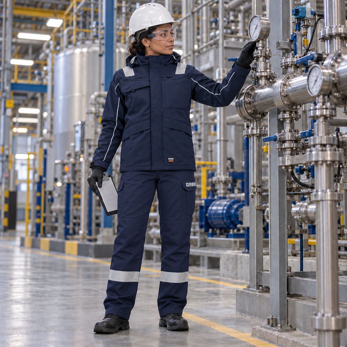 Vrouwelijke procesoperator in een donkerblauwe Tricorp Multinorm werkjas en werkbroek met reflecterende details inspecteert een leidinginstallatie in een chemische fabriek.
