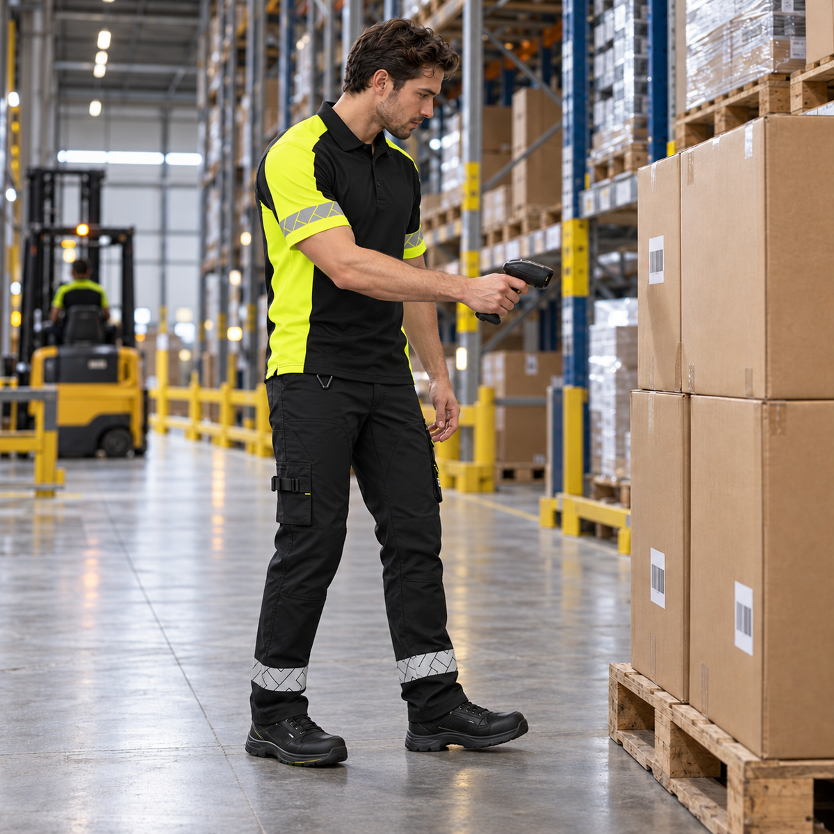 Logistiek medewerker in zwarte Tricorp werkkleding met fluorescerend gele en reflecterende details scant een pallet in een distributiecentrum.
