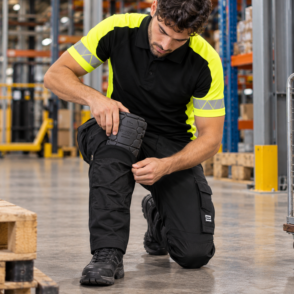 Monteur in zwarte Tricorp werkbroek plaatst een zwarte kniebeschermer in het kniezakcompartiment terwijl hij geknield werkt in een magazijnomgeving.
