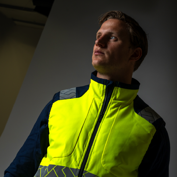 Male model wearing high vis bodywarmer